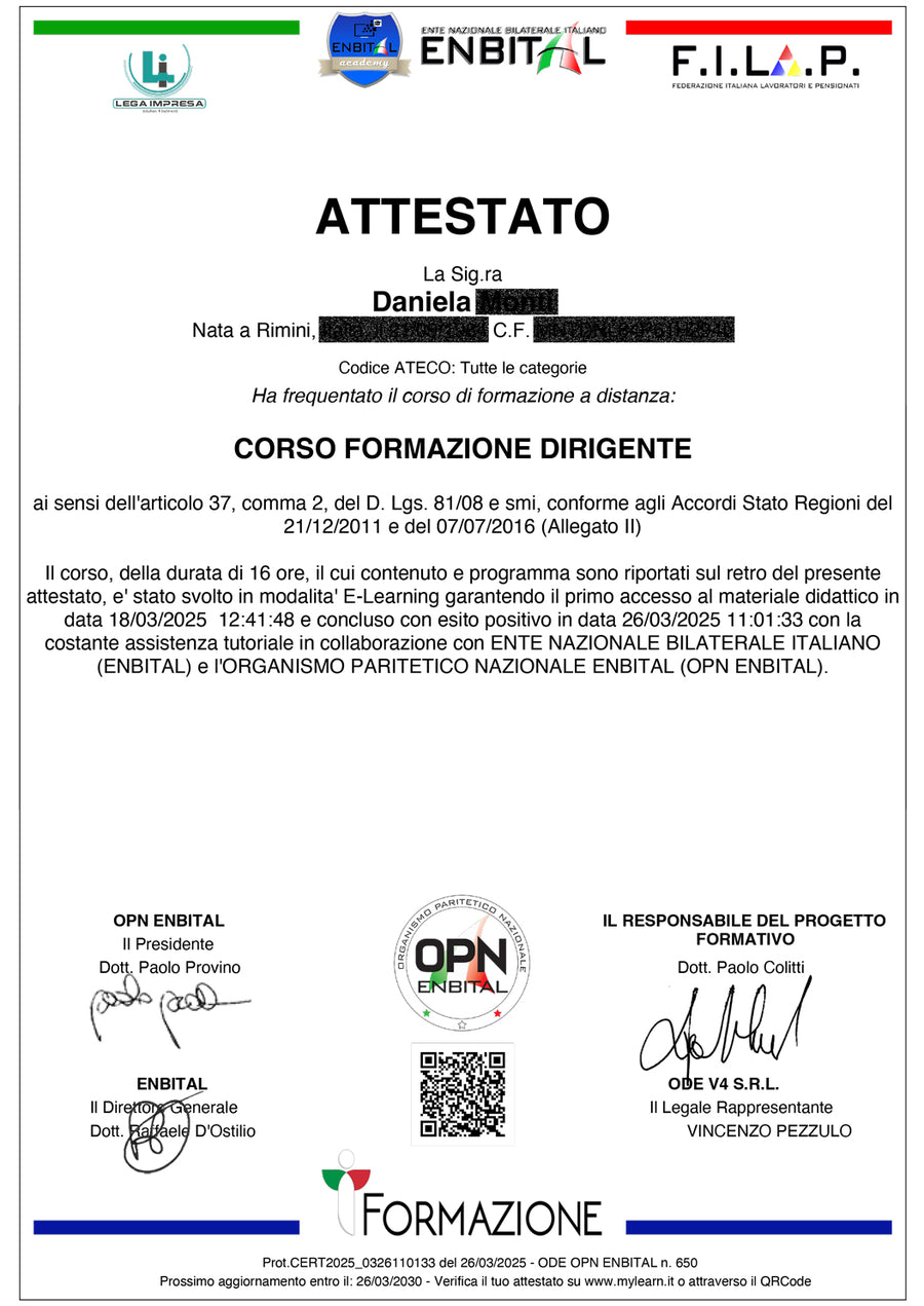 Fac-simile di un attestato di IT FORMAZIONE, corso Dirigente