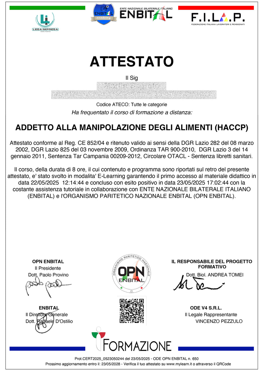 Fac-simile dell'attestato HACCP di IT FORMAZIONE